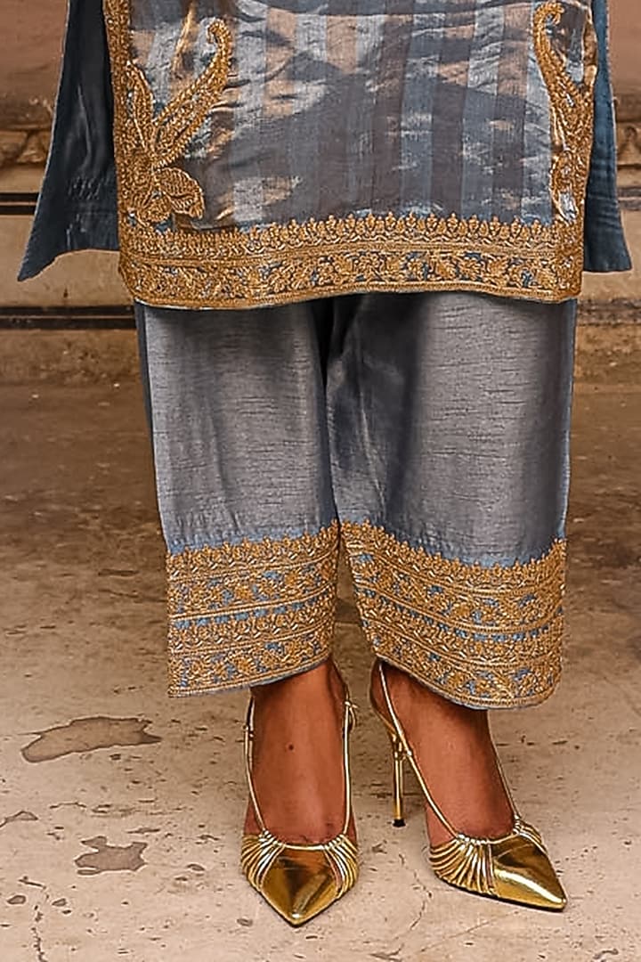 Moon Blue Organza Striped Tissue Dori Work Kurta Set by Charu Makkar at Pernia's Pop Up Shop