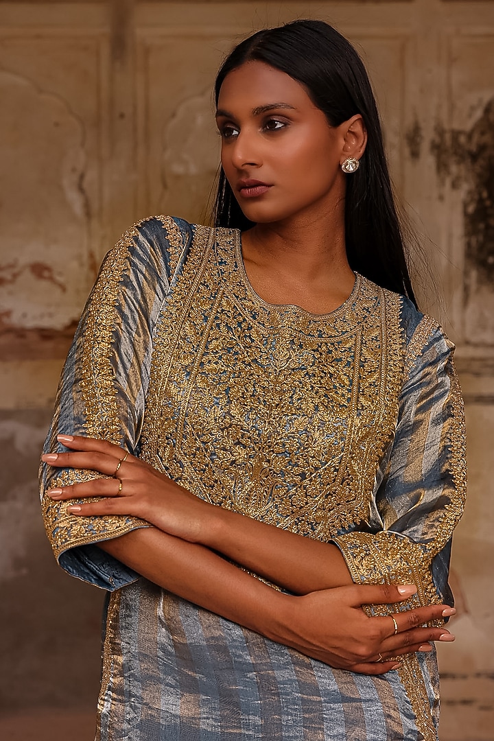 Moon Blue Organza Striped Tissue Dori Work Kurta Set by Charu Makkar at Pernia's Pop Up Shop