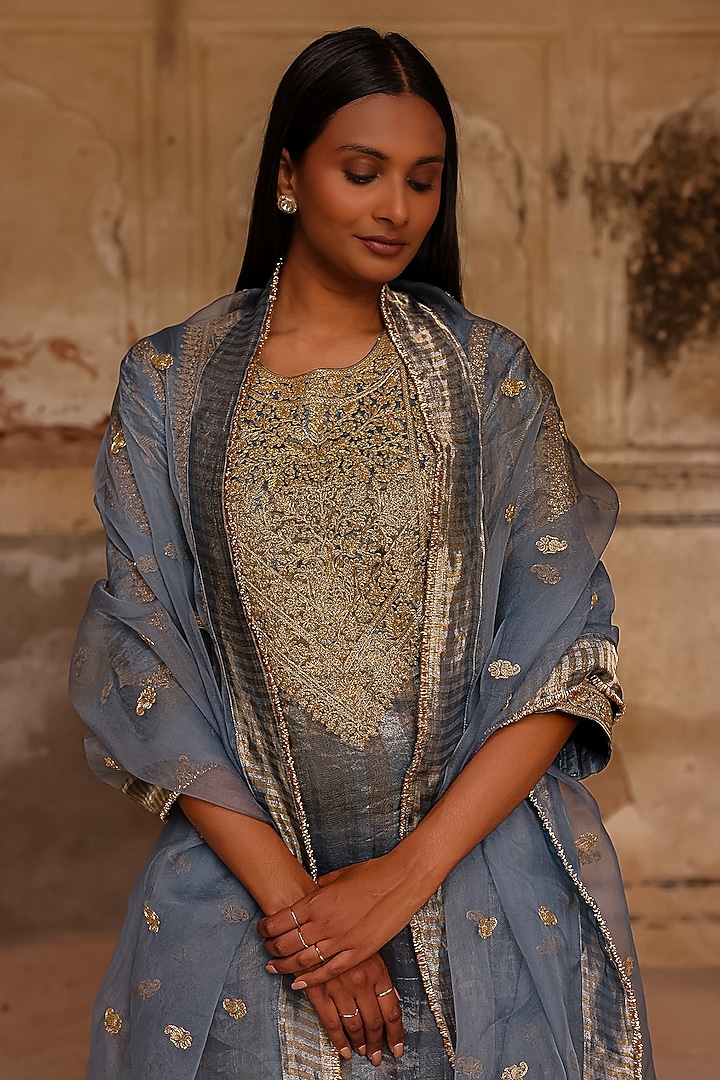 Moon Blue Organza Striped Tissue Dori Work Kurta Set by Charu Makkar at Pernia's Pop Up Shop