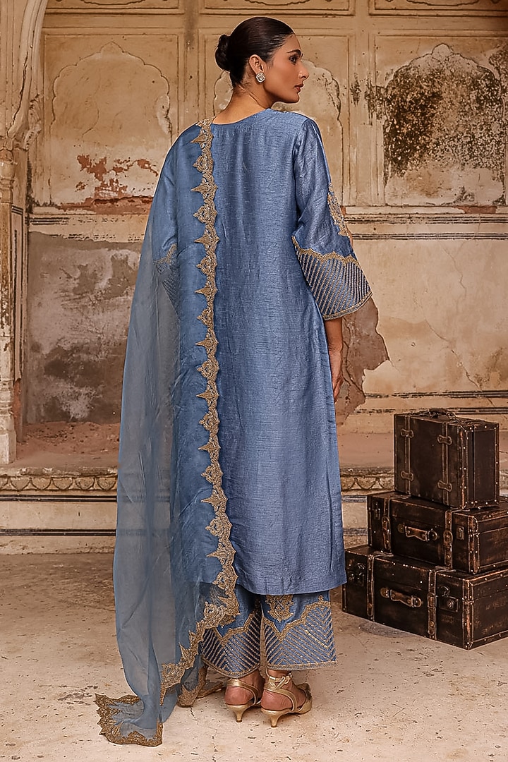 Moon Blue Slub Raw Silk Dori Work Kurta Set by Charu Makkar at Pernia's Pop Up Shop