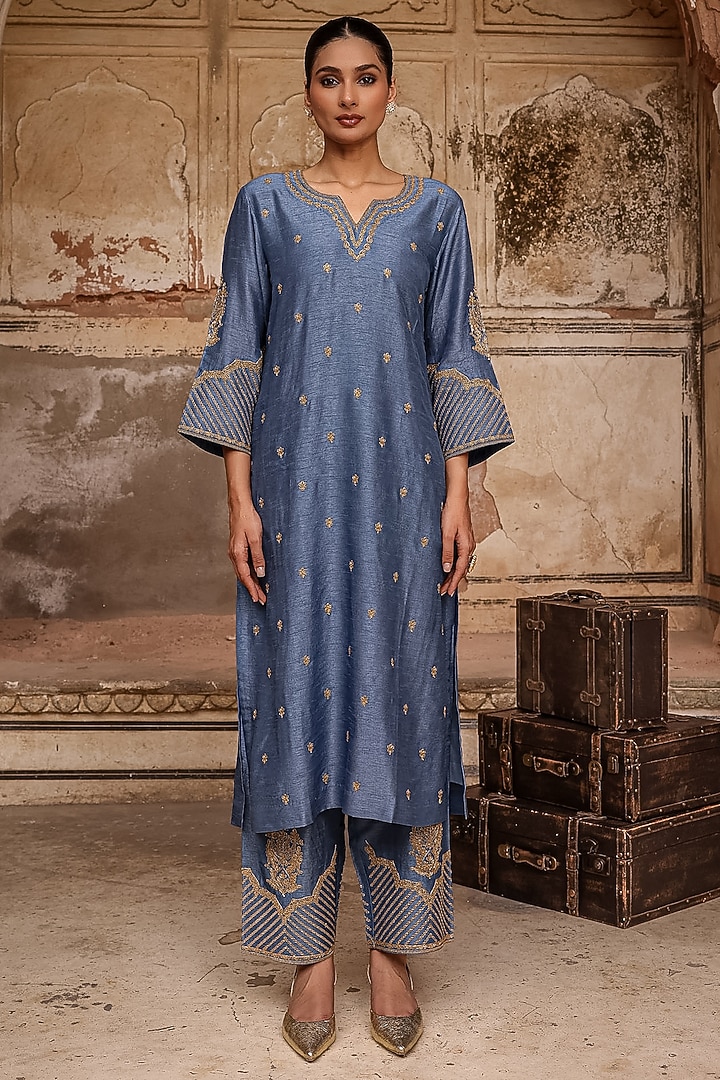 Moon Blue Slub Raw Silk Dori Work Kurta Set by Charu Makkar at Pernia's Pop Up Shop