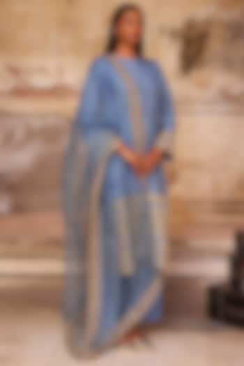 Moon Blue Pure Dupion Silk Dori Work Kurta Set by Charu Makkar at Pernia's Pop Up Shop
