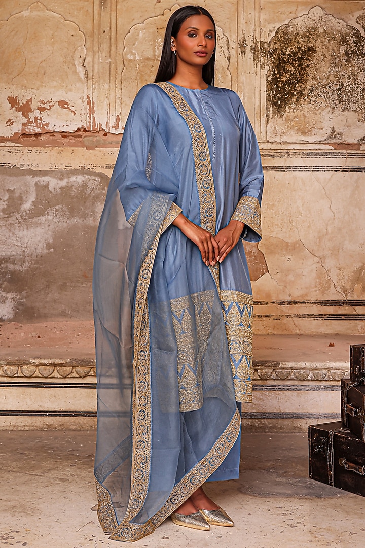 Moon Blue Pure Dupion Silk Dori Work Kurta Set by Charu Makkar at Pernia's Pop Up Shop