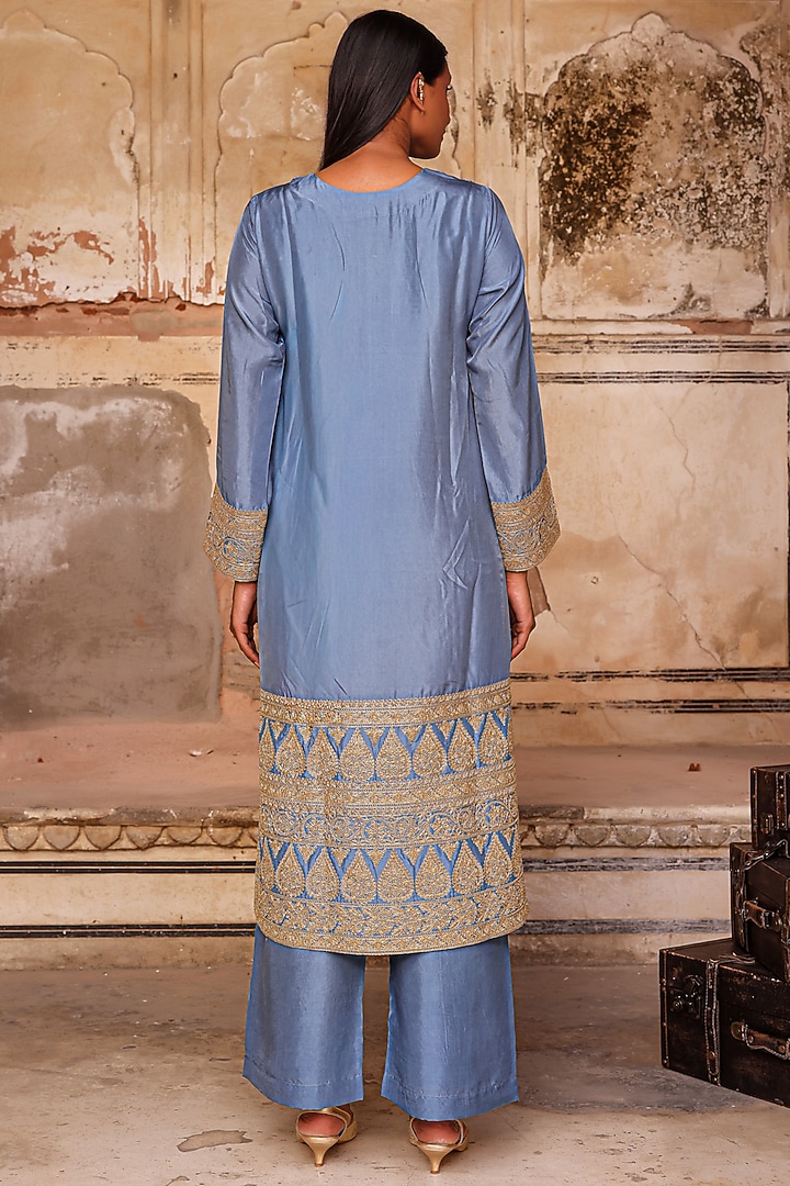Moon Blue Pure Dupion Silk Dori Work Kurta Set by Charu Makkar at Pernia's Pop Up Shop