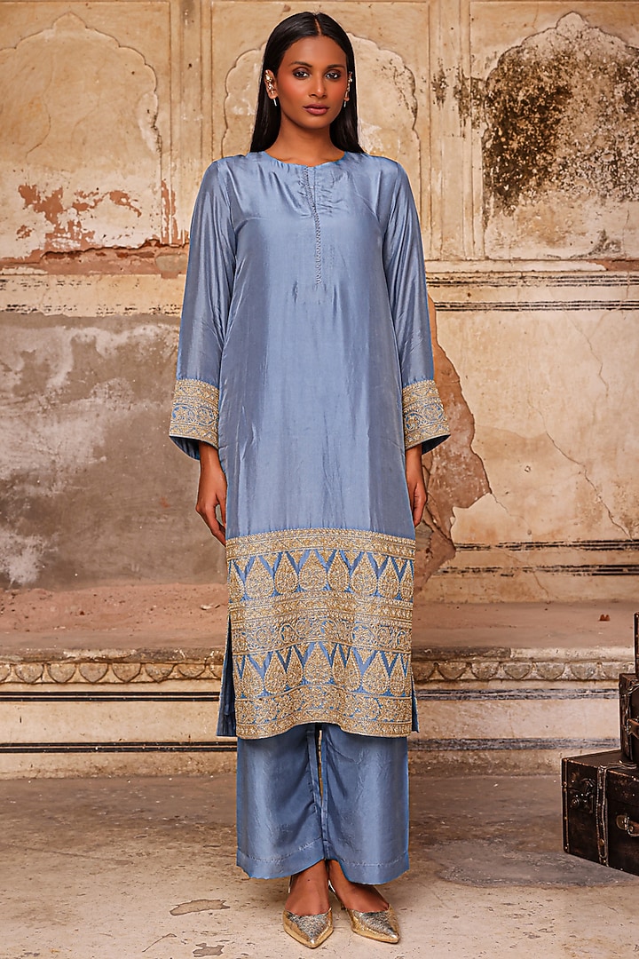 Moon Blue Pure Dupion Silk Dori Work Kurta Set by Charu Makkar at Pernia's Pop Up Shop