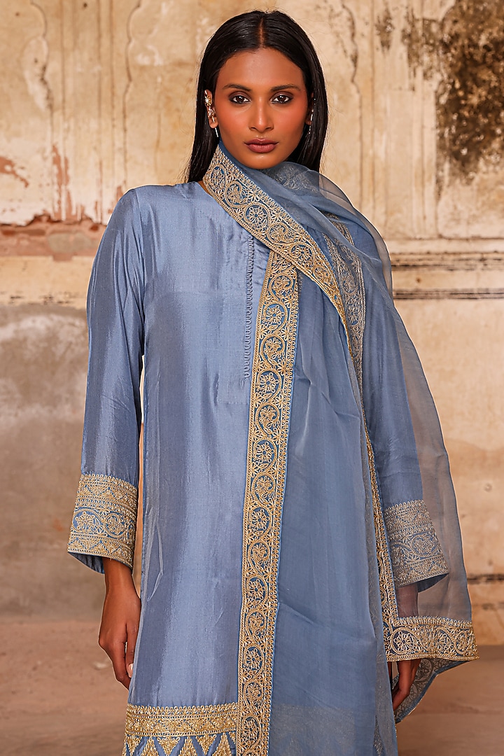 Moon Blue Pure Dupion Silk Dori Work Kurta Set by Charu Makkar at Pernia's Pop Up Shop