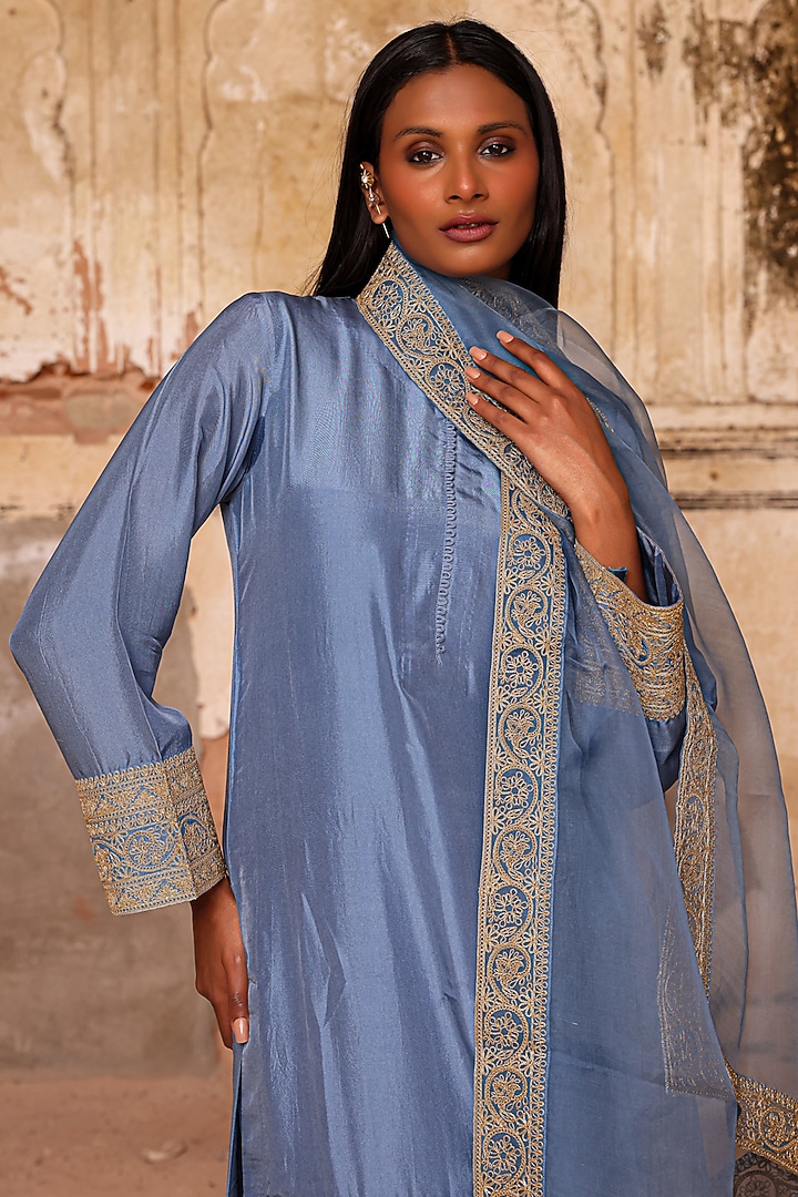 Moon Blue Pure Dupion Silk Dori Work Kurta Set by Charu Makkar at Pernia's Pop Up Shop