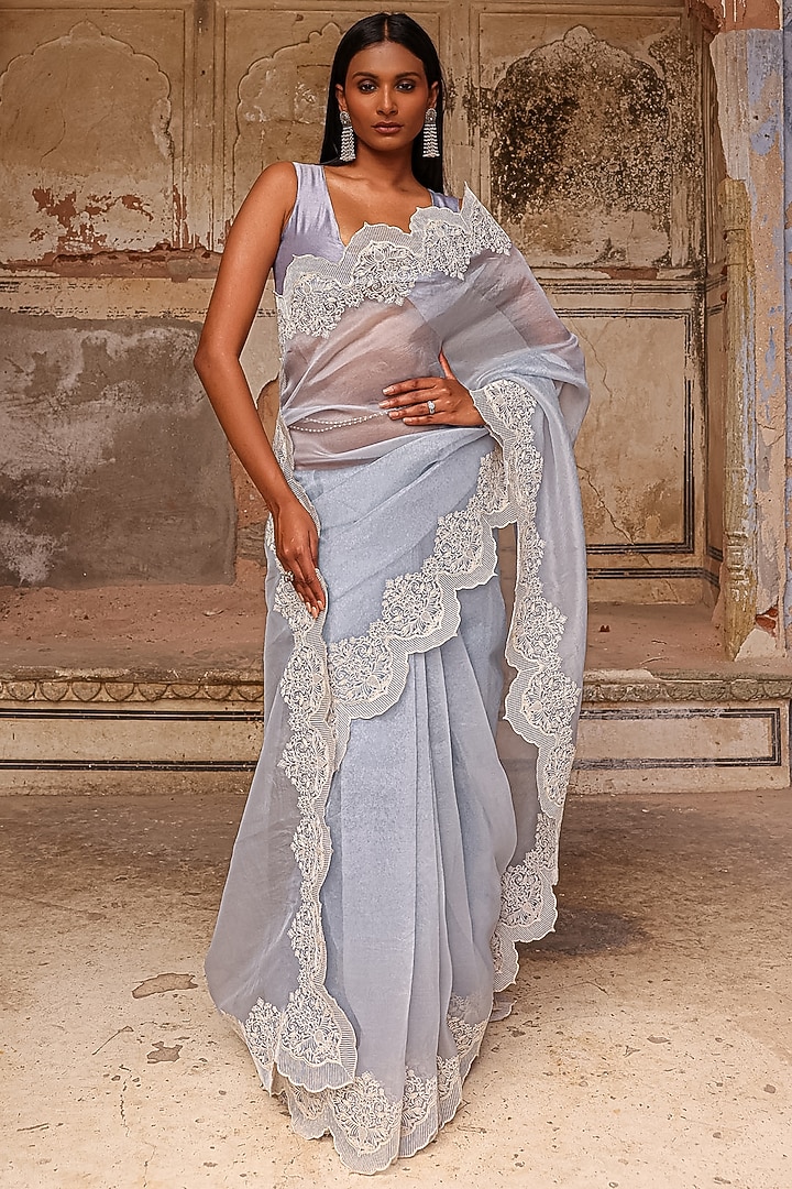 Ice Blue Organza Dori Work Wedding Saree Set by Charu Makkar at Pernia's Pop Up Shop