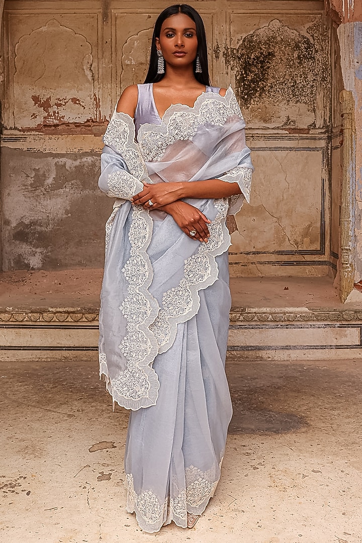 Ice Blue Organza Dori Work Wedding Saree Set by Charu Makkar at Pernia's Pop Up Shop
