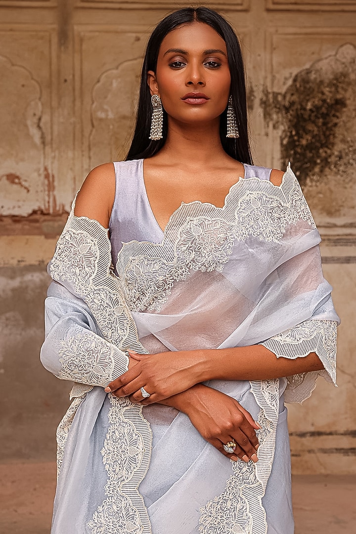 Ice Blue Organza Dori Work Wedding Saree Set by Charu Makkar at Pernia's Pop Up Shop