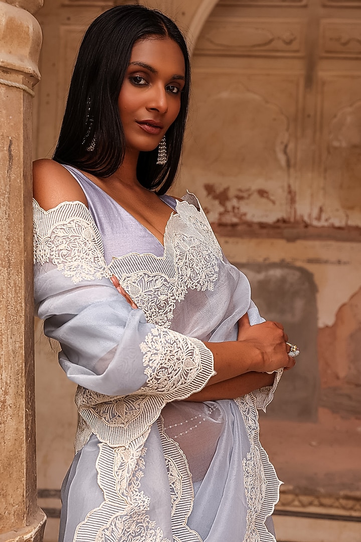 Ice Blue Organza Dori Work Wedding Saree Set by Charu Makkar at Pernia's Pop Up Shop