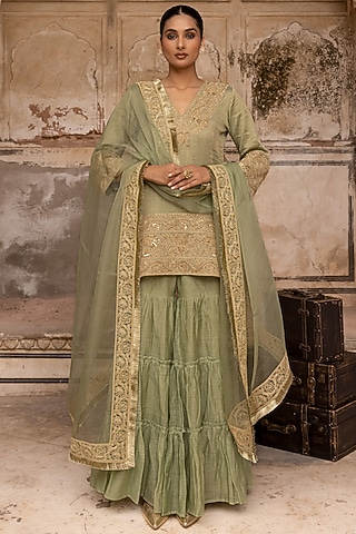 Sage Green Mul Chanderi Dori Hand Work Gharara Set by Charu Makkar