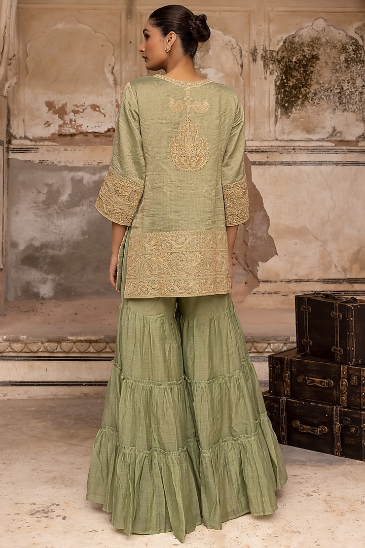 Sage Green Mul Chanderi Dori Hand Work Gharara Set by Charu Makkar at Pernia's Pop Up Shop