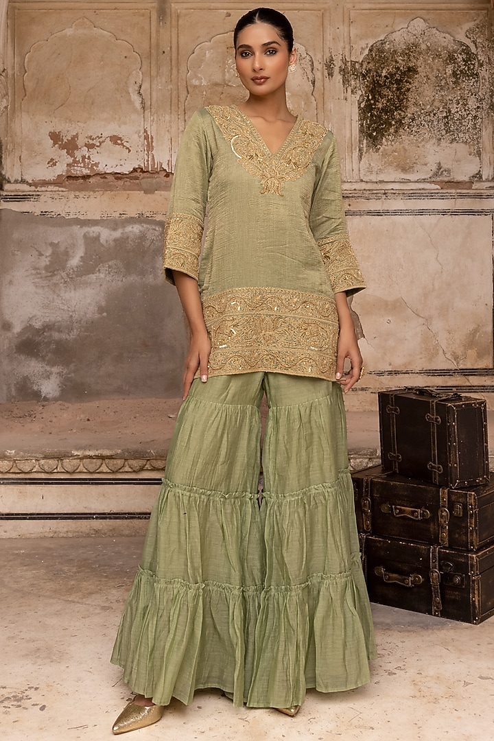 Sage Green Mul Chanderi Dori Hand Work Gharara Set by Charu Makkar at Pernia's Pop Up Shop
