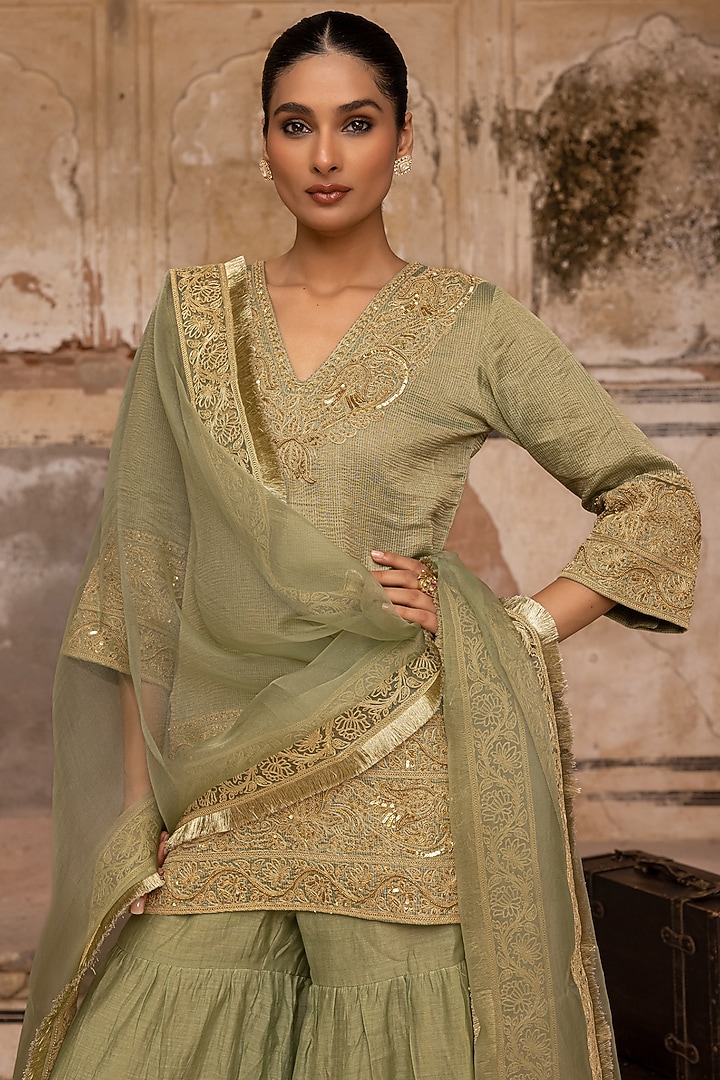 Sage Green Mul Chanderi Dori Hand Work Gharara Set by Charu Makkar at Pernia's Pop Up Shop