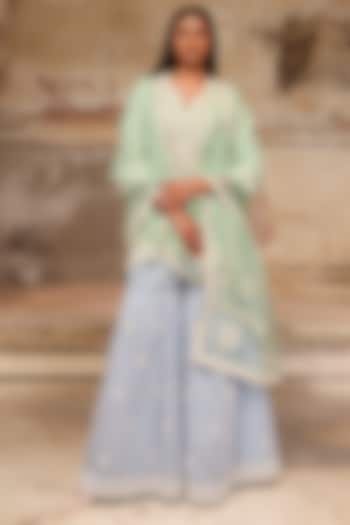 Tea Green & Ice Blue Mul Chanderi Dori Hand Work Wedding Sharara Set by Charu Makkar at Pernia's Pop Up Shop