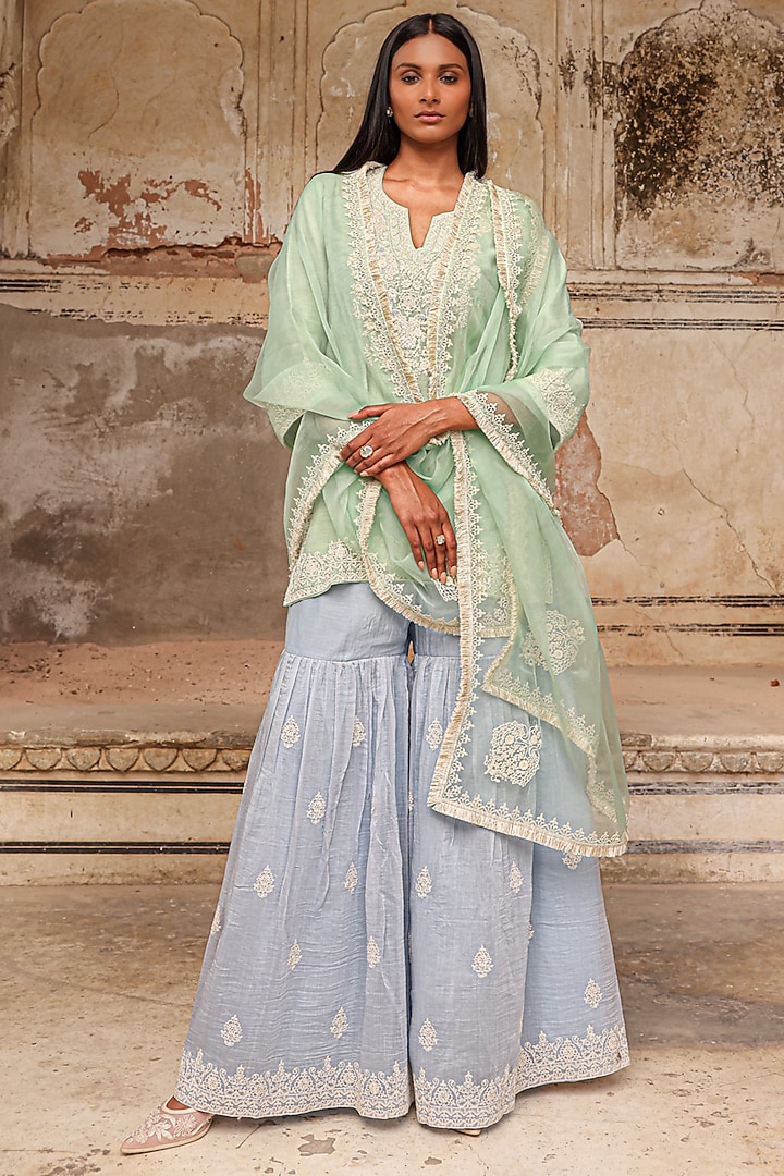 Tea Green & Ice Blue Mul Chanderi Dori Hand Work Wedding Sharara Set by Charu Makkar at Pernia's Pop Up Shop