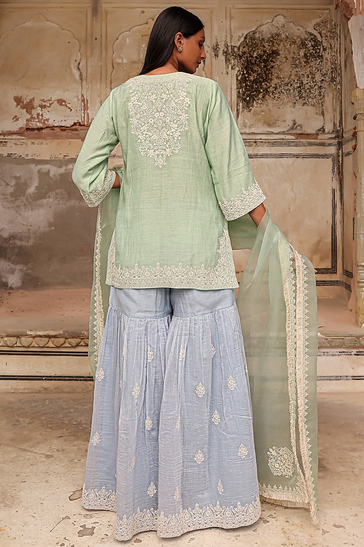 Tea Green & Ice Blue Mul Chanderi Dori Hand Work Wedding Sharara Set by Charu Makkar at Pernia's Pop Up Shop