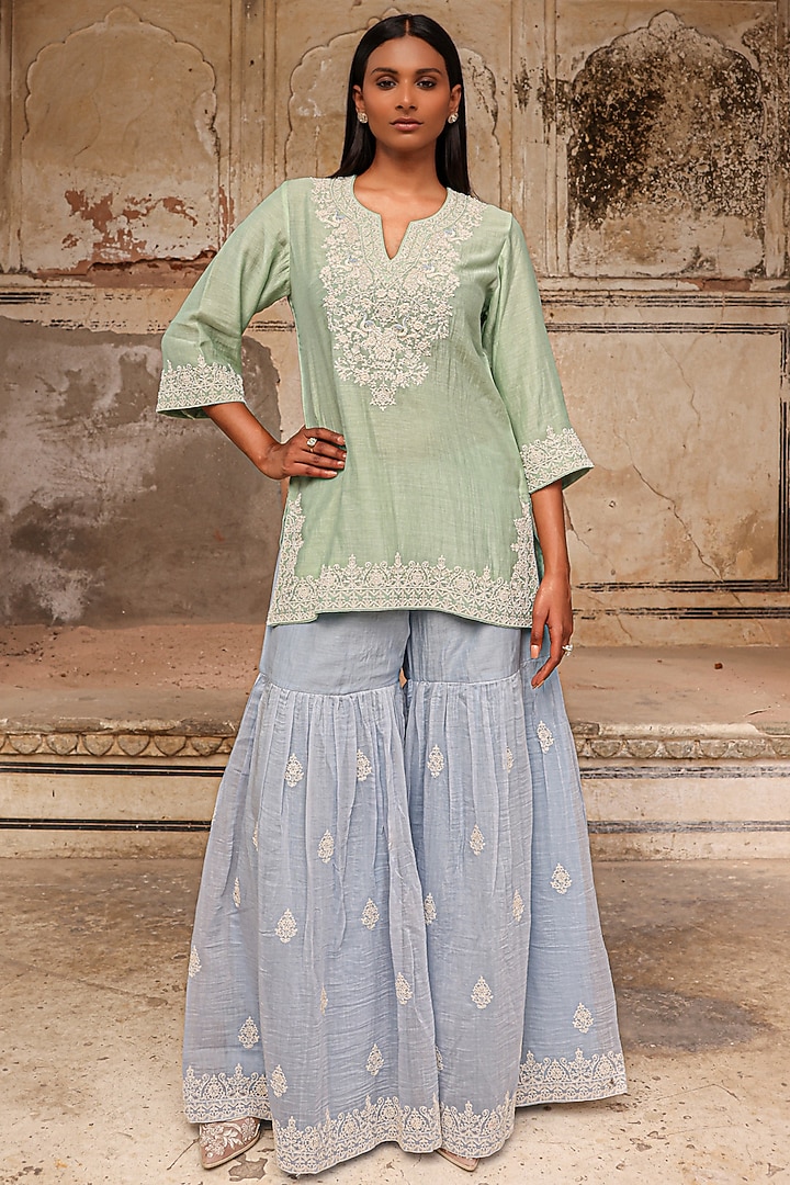 Tea Green & Ice Blue Mul Chanderi Dori Hand Work Wedding Sharara Set by Charu Makkar at Pernia's Pop Up Shop