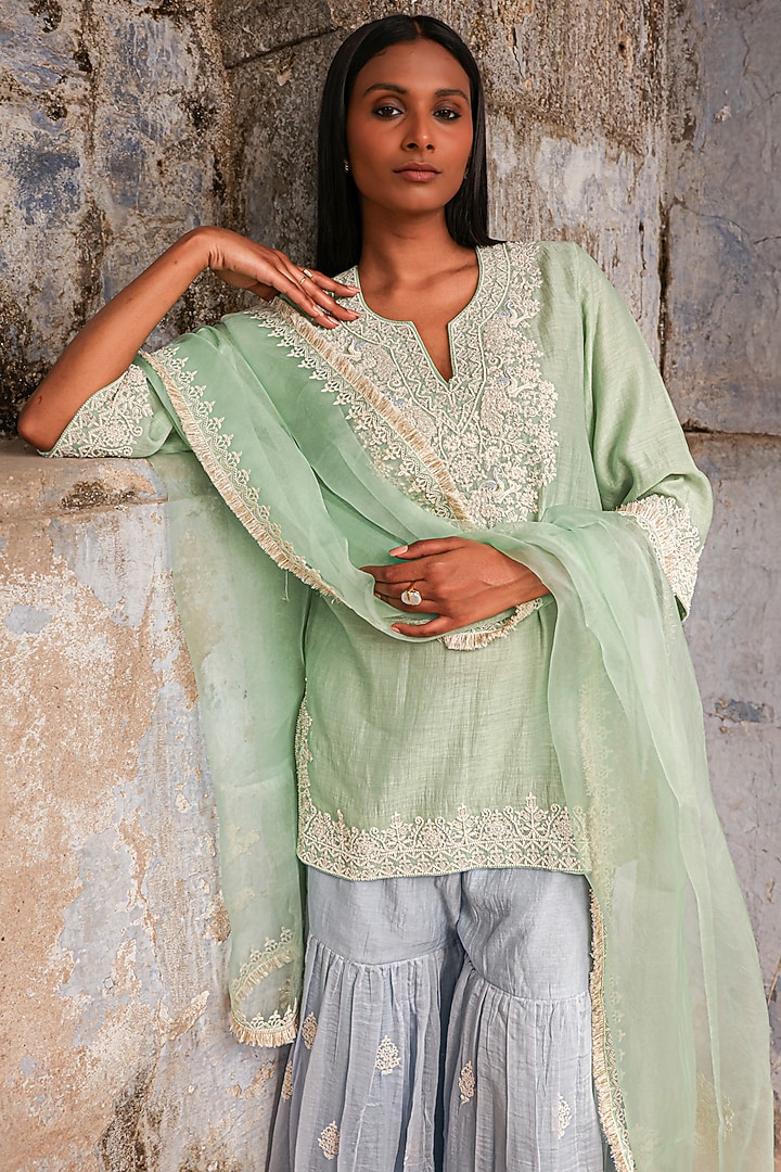 Tea Green & Ice Blue Mul Chanderi Dori Hand Work Wedding Sharara Set by Charu Makkar at Pernia's Pop Up Shop