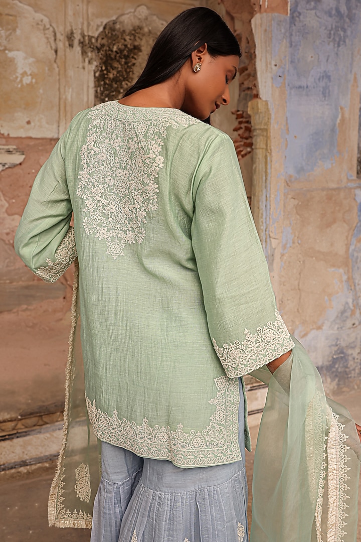 Tea Green & Ice Blue Mul Chanderi Dori Hand Work Wedding Sharara Set by Charu Makkar at Pernia's Pop Up Shop