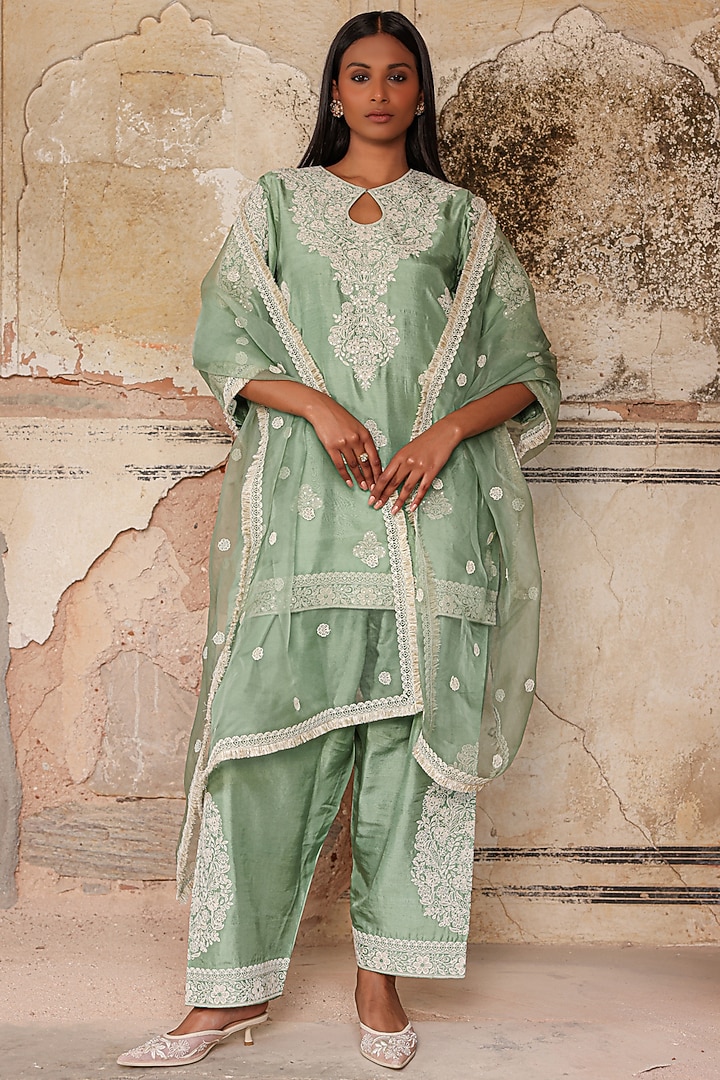 Sage Green Pure Dupion Silk Dori Work Kurta Set by Charu Makkar at Pernia's Pop Up Shop