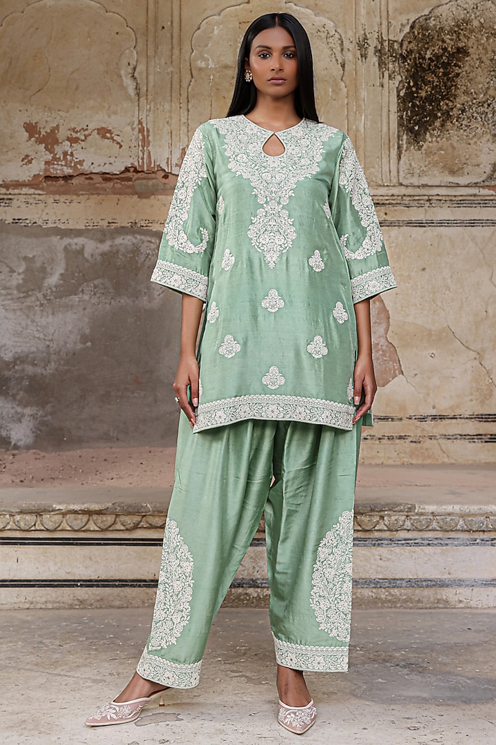 Sage Green Pure Dupion Silk Dori Work Kurta Set by Charu Makkar at Pernia's Pop Up Shop