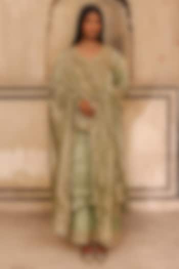 Sage Green Organza Striped Tissue Dori Work Kurta Set by Charu Makkar at Pernia's Pop Up Shop