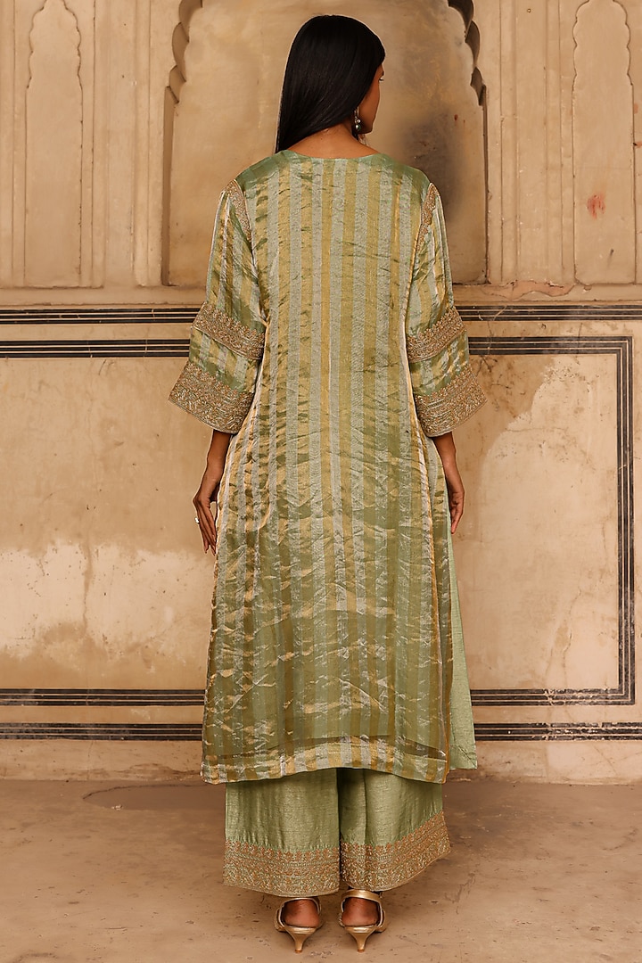 Sage Green Organza Striped Tissue Dori Work Kurta Set by Charu Makkar at Pernia's Pop Up Shop