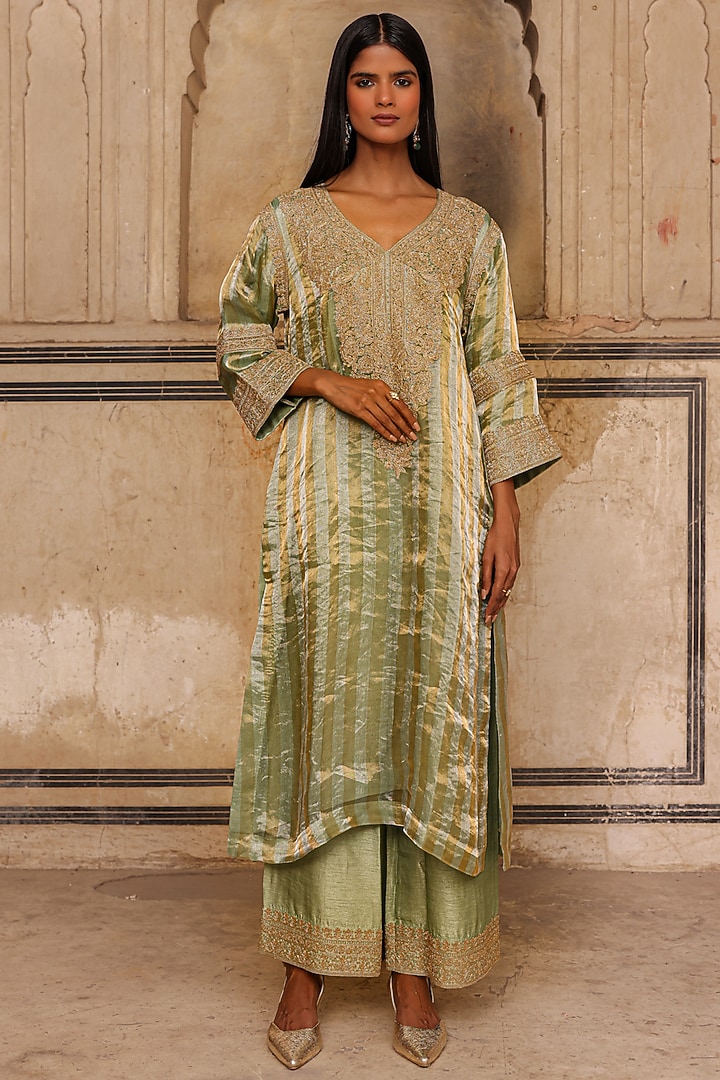 Sage Green Organza Striped Tissue Dori Work Kurta Set by Charu Makkar at Pernia's Pop Up Shop