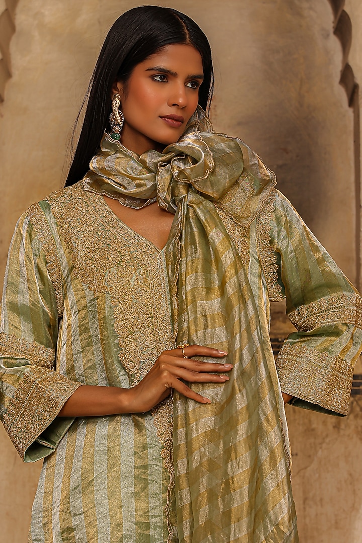 Sage Green Organza Striped Tissue Dori Work Kurta Set by Charu Makkar at Pernia's Pop Up Shop