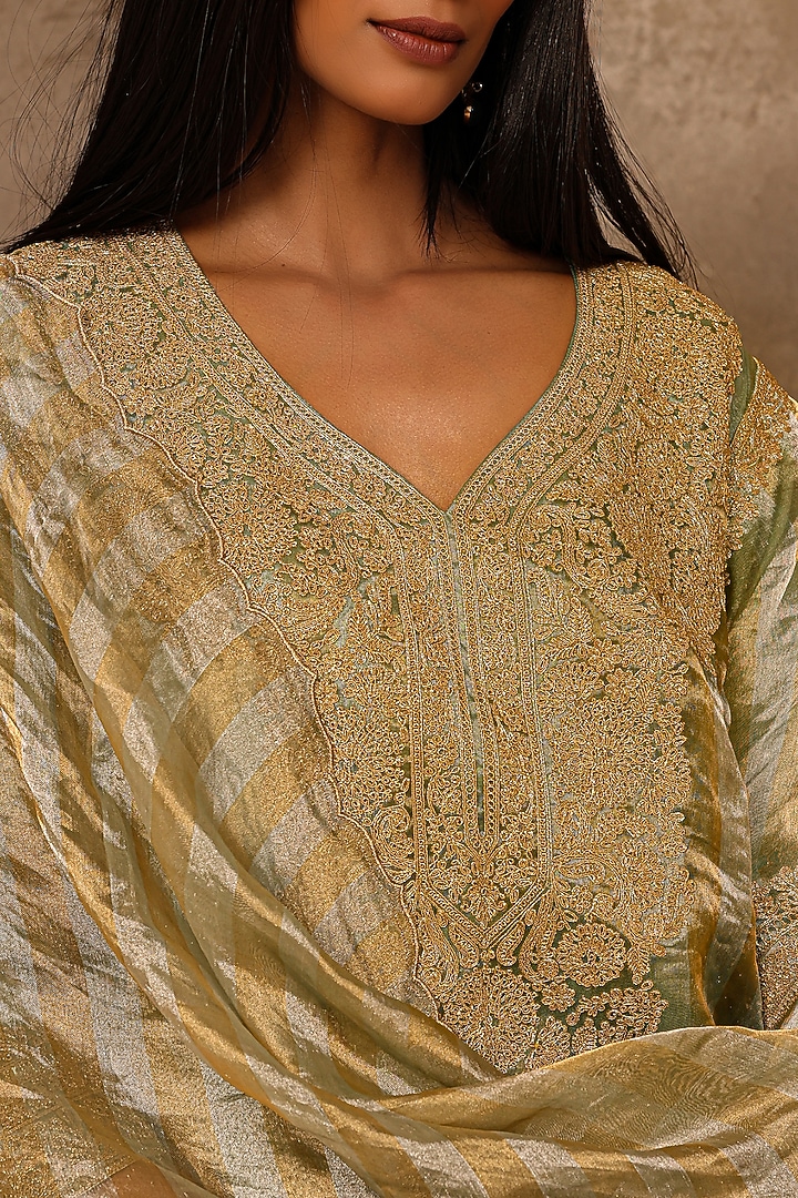 Sage Green Organza Striped Tissue Dori Work Kurta Set by Charu Makkar at Pernia's Pop Up Shop
