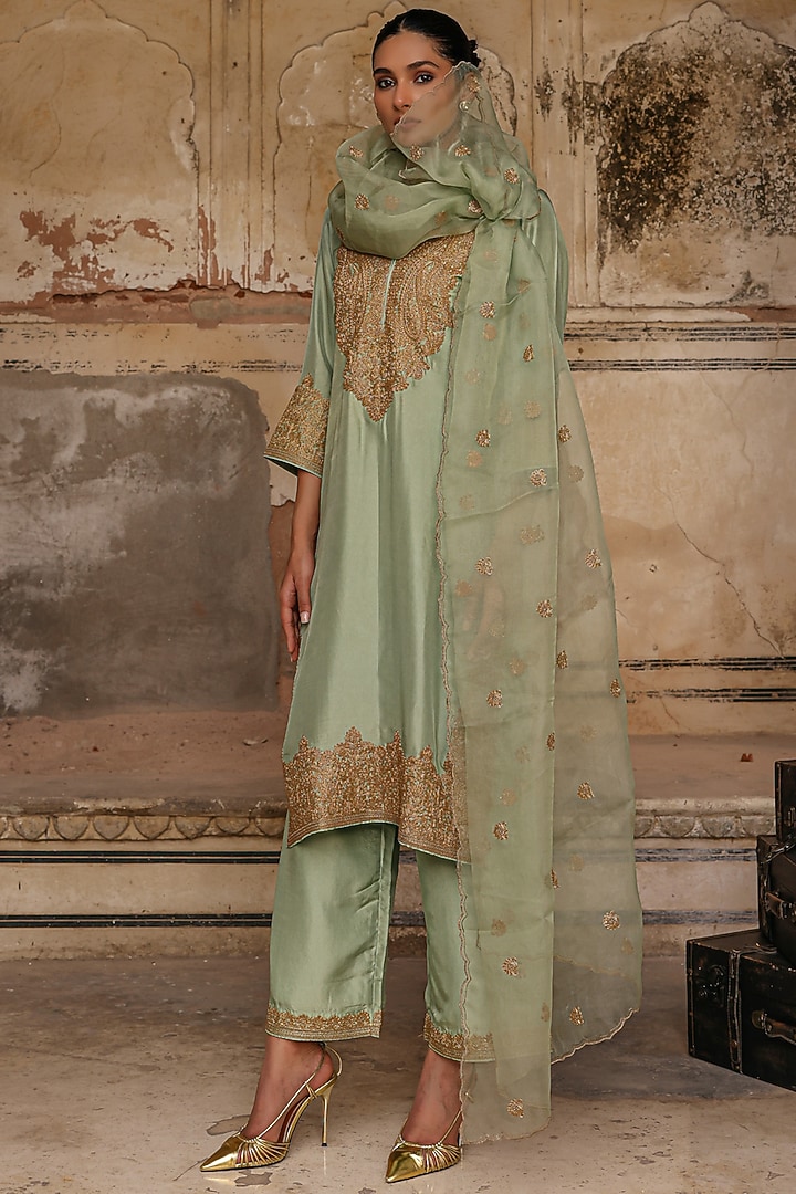 Sage Green Habutai Silk Dori Work Kurta Set by Charu Makkar at Pernia's Pop Up Shop