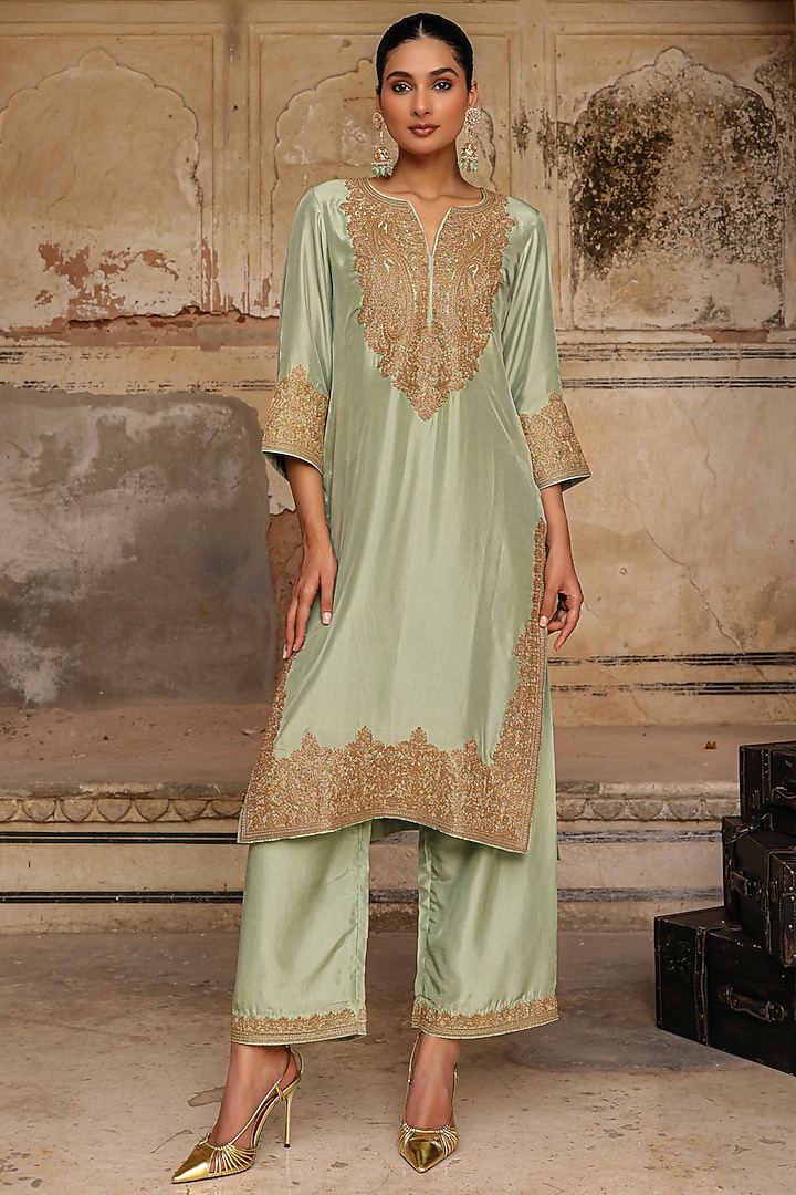 Sage Green Habutai Silk Dori Work Kurta Set by Charu Makkar at Pernia's Pop Up Shop
