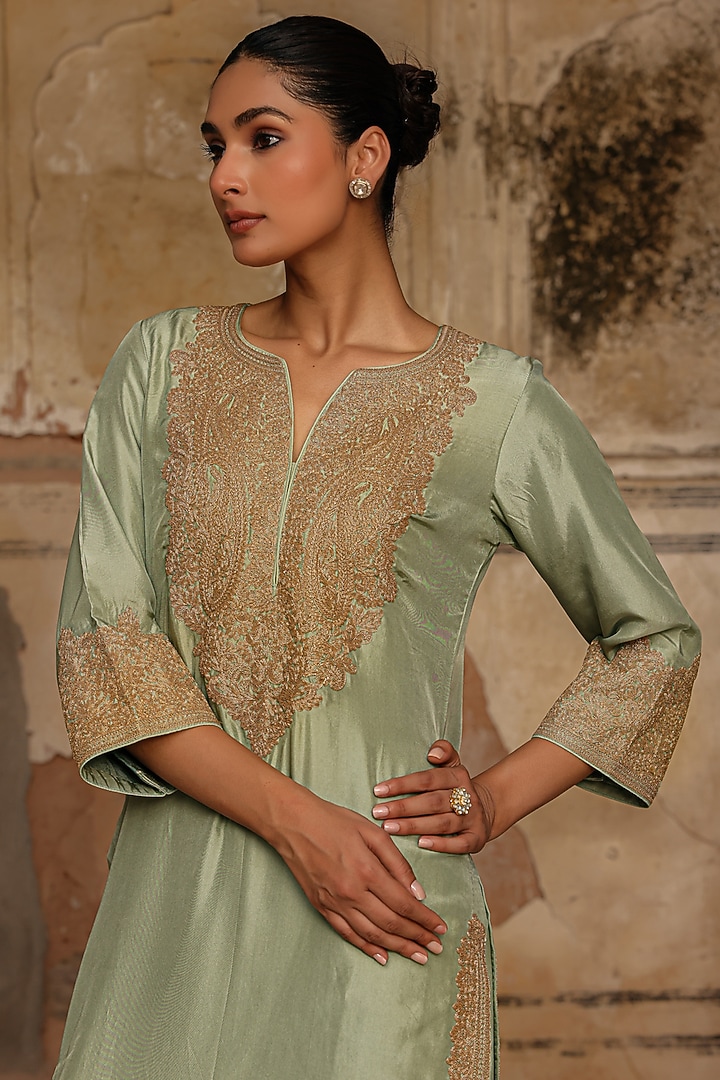 Sage Green Habutai Silk Dori Work Kurta Set by Charu Makkar at Pernia's Pop Up Shop