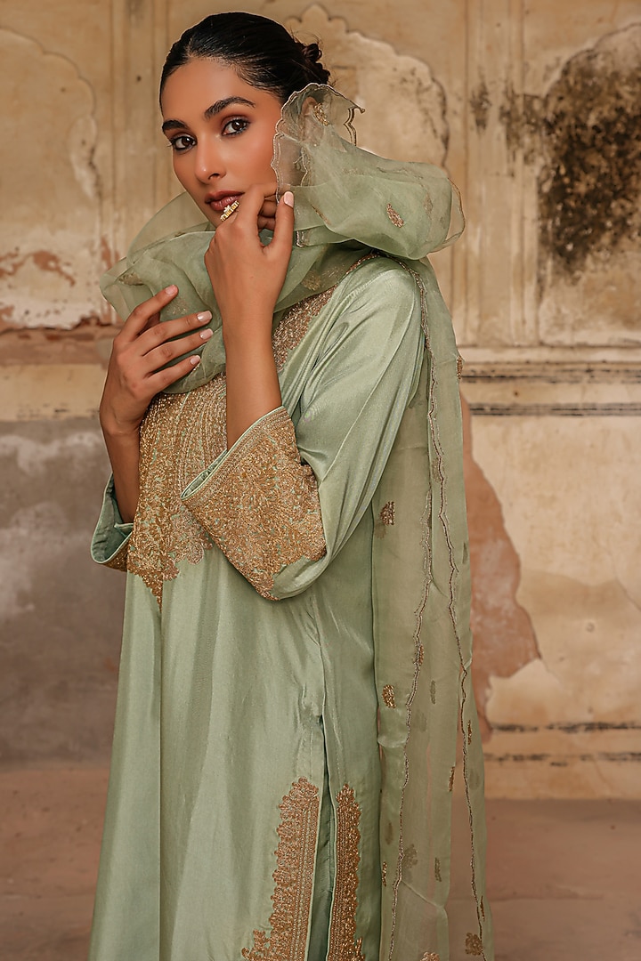 Sage Green Habutai Silk Dori Work Kurta Set by Charu Makkar at Pernia's Pop Up Shop