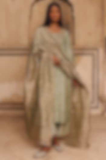 Sage Green Slub Raw Silk Dori Work Kurta Set by Charu Makkar at Pernia's Pop Up Shop