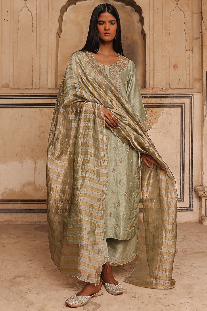 Sage Green Slub Raw Silk Dori Work Kurta Set by Charu Makkar at Pernia's Pop Up Shop