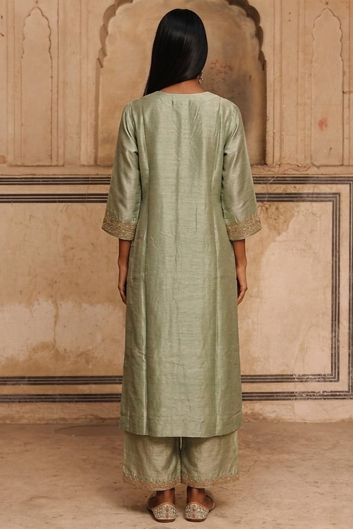 Sage Green Slub Raw Silk Dori Work Kurta Set by Charu Makkar at Pernia's Pop Up Shop