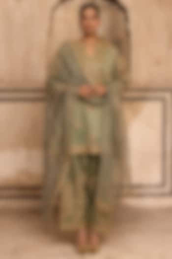 Sage Green Striped Tissue Mul  Chanderi Dori Work Kurta Set by Charu Makkar at Pernia's Pop Up Shop