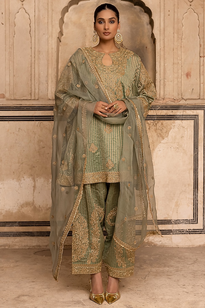 Sage Green Striped Tissue Mul  Chanderi Dori Work Kurta Set by Charu Makkar at Pernia's Pop Up Shop