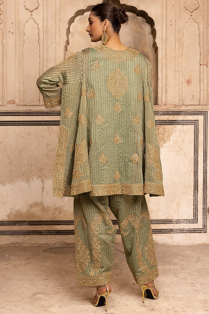 Sage Green Striped Tissue Mul  Chanderi Dori Work Kurta Set by Charu Makkar at Pernia's Pop Up Shop
