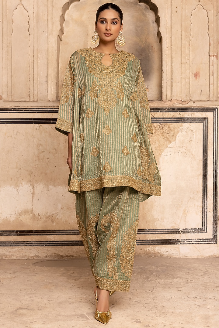 Sage Green Striped Tissue Mul  Chanderi Dori Work Kurta Set by Charu Makkar at Pernia's Pop Up Shop
