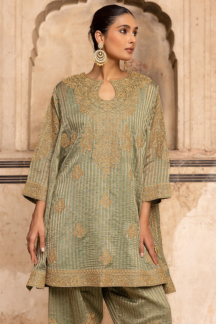 Sage Green Striped Tissue Mul  Chanderi Dori Work Kurta Set by Charu Makkar at Pernia's Pop Up Shop