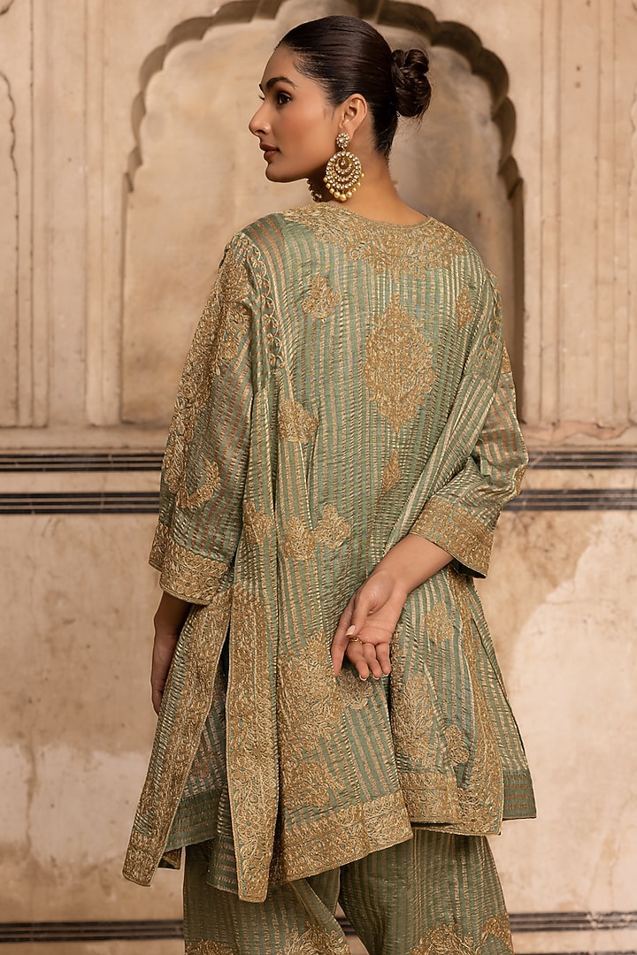Sage Green Striped Tissue Mul  Chanderi Dori Work Kurta Set by Charu Makkar at Pernia's Pop Up Shop