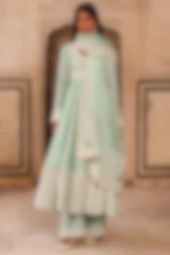Tea Green Slub Raw Silk Dori Work Wedding Anarkali Set by Charu Makkar at Pernia's Pop Up Shop