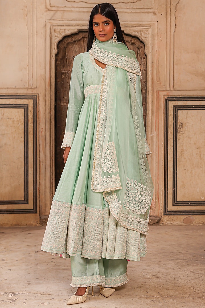 Tea Green Slub Raw Silk Dori Work Wedding Anarkali Set by Charu Makkar at Pernia's Pop Up Shop