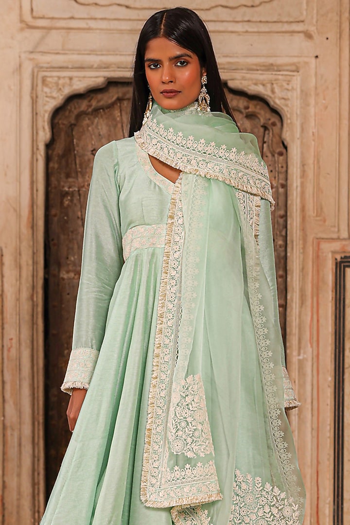 Tea Green Slub Raw Silk Dori Work Wedding Anarkali Set by Charu Makkar at Pernia's Pop Up Shop