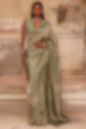 Sage Green Tissue Dori Work Wedding Saree Set by Charu Makkar at Pernia's Pop Up Shop