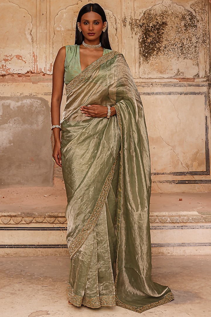 Sage Green Tissue Dori Work Wedding Saree Set by Charu Makkar at Pernia's Pop Up Shop